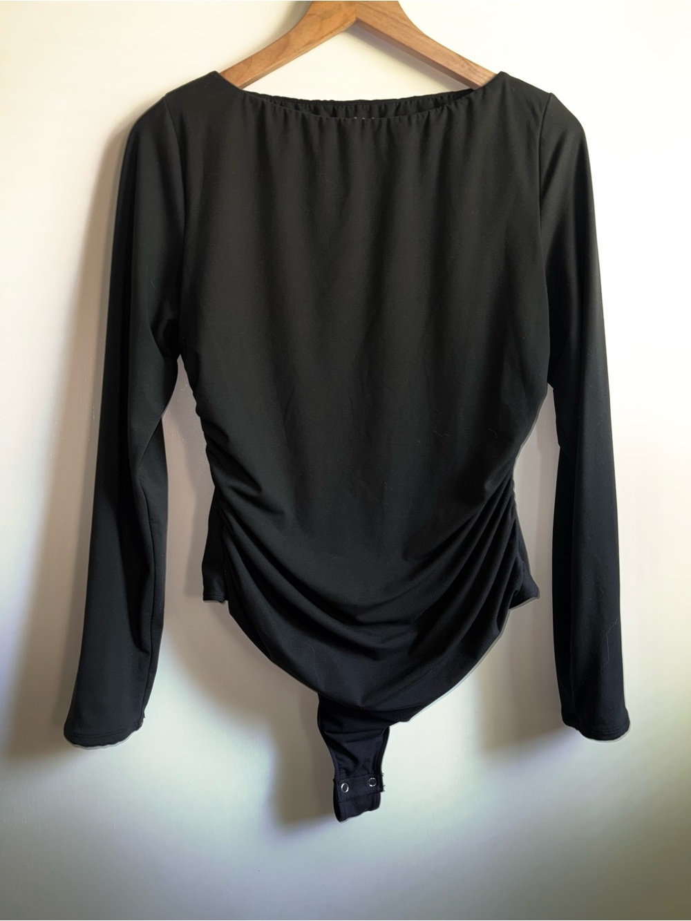 PinkmStyle Open Back Long Sleeve Black Bodysuit Double Lined Ruched Size XL